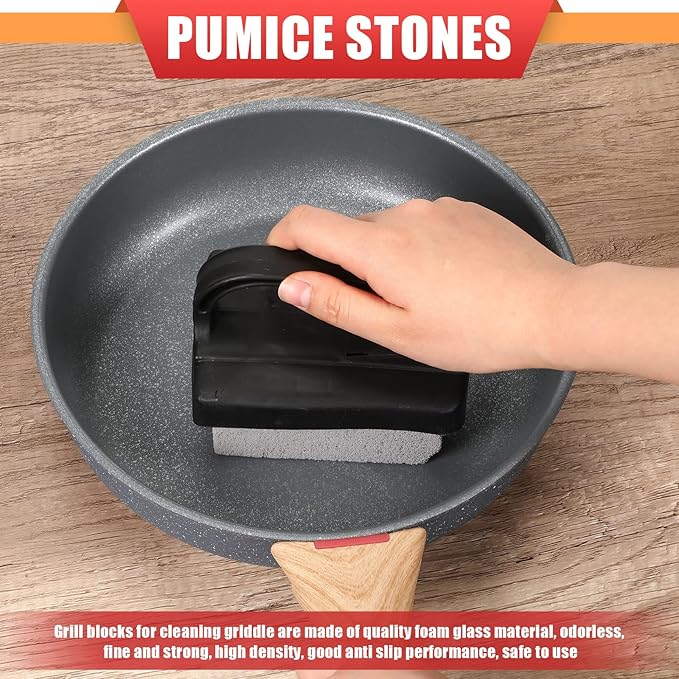 16 Pcs Pumice Stones Scrubbing Grill Griddle Cleaning Brick Block Grill Cleaning Stone Griddle Scrubber Cleaner with 2 Pcs Handle for Outdoor BBQ Oven Flat Top Cookers Remove Greases Stains
