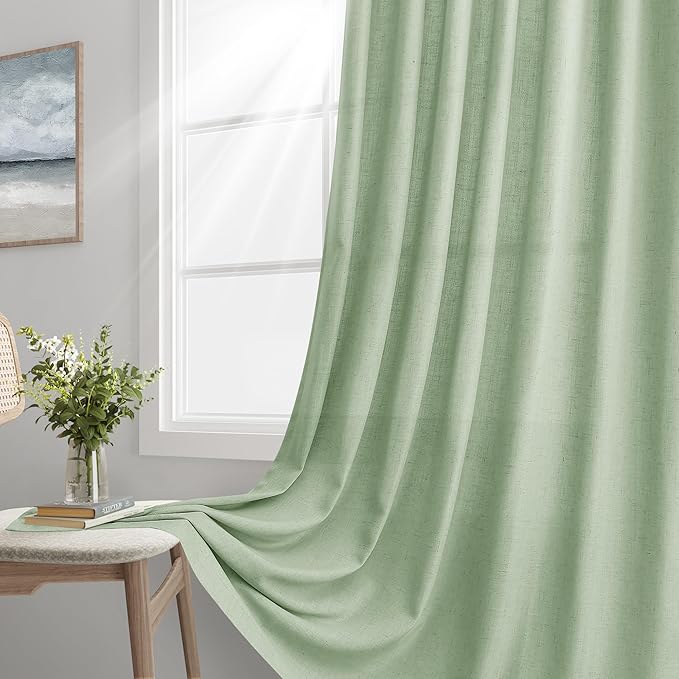 Joywell Mist Sage Back Tab Rod Pocket Linen Curtains 96 Inches Long 2 Panels for Living Room Bedroom Neutral Boho Farmhouse Rustic Light Filtering Semi Sheer Curtains Window Treatment 52x96