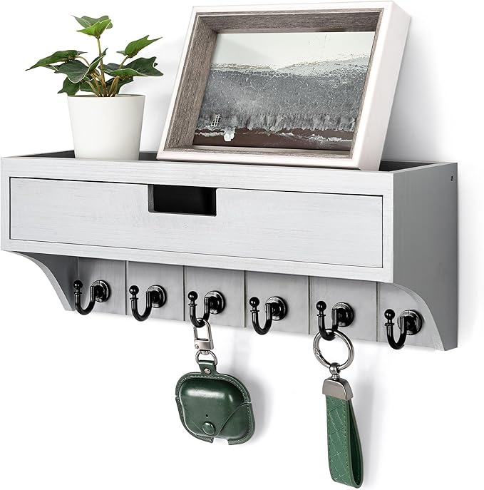 Rebee Vision Modern Pine Wood Key Holder Wall Mount with Drawer Organizer – Mail Organizer with 6 Key Hooks and Storage Drawer – Apartment Essentials for Entryway and Home Decor(Gray)