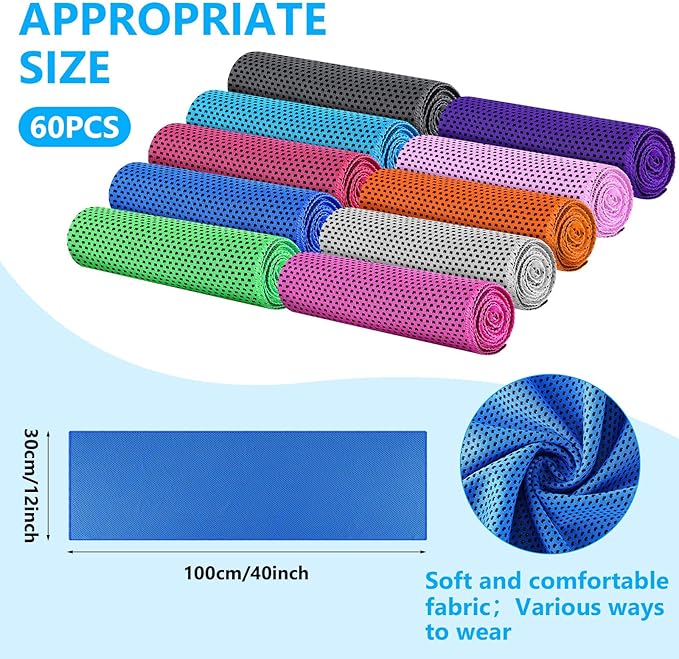 60 Pack Cooling Towels,40"x12" Ice Breathable Soft Chilly Sweat Rag Microfiber Workout Rags for Gym Cooling Towels for Neck and Face for Yoga Golf Sport Running (10 Colors)