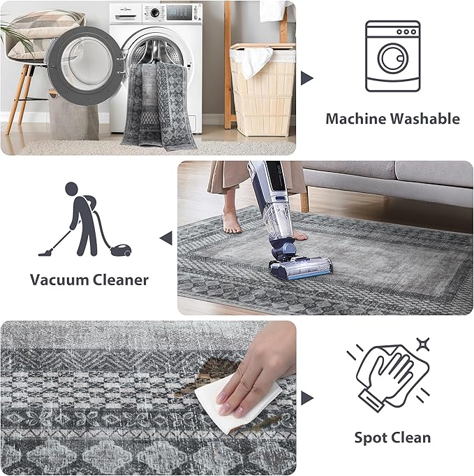 NICETOWN 8x10 Washable Area Rugs, Boho Non-Slip 8x10 Large Rugs Faux Wool Vintage Living Room Rugs, Thin Soft Vintage Carpet Door Mat Entrance for Kitchen, Laundry, Bathroom, Bedroom, Grey