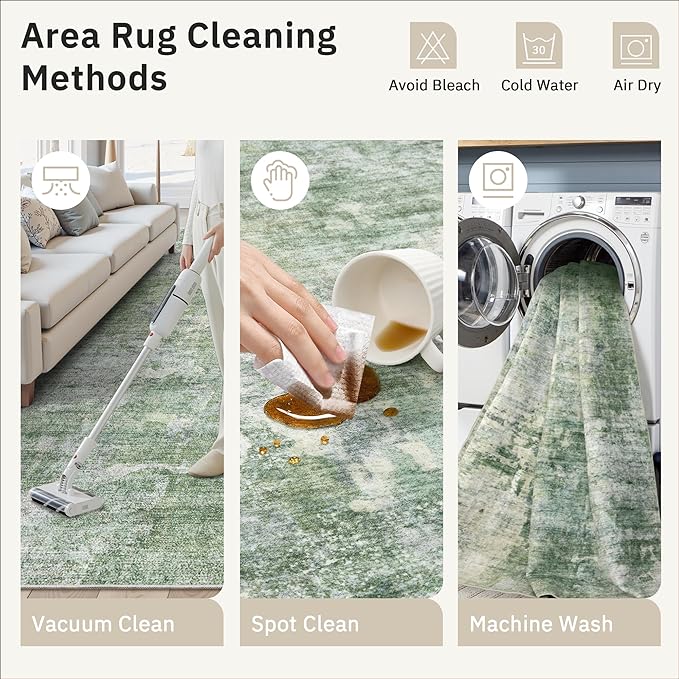5x5 Green/Ivory Round Rug 5ft Living Room Circle Rug Vintage Round Area Rug Non Slip Indoor Carpet for Entryway Dining Room Bedroom