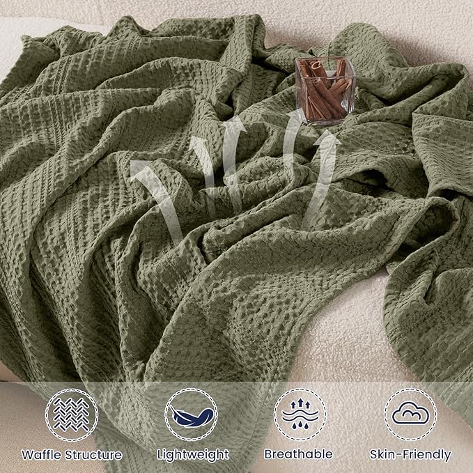 PHF Lightweight Waffle Weave Blanket Twin Size 66"x 90", Soft Woven Summer Blanket for Hot Sleepers - Aesthetic Home Decor for Couch Bed Sofa, Pet Friendly, Olive Green