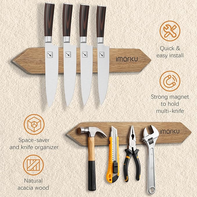 imarku Magnetic Knife Holder for Wall - 16 Inch Acacia Wood Magnetic Knife Strip with Powerful Magnet, Knife Magnetic Strip for Kitchen Utensil Organizer with 4 Hooks, Natural Acacia