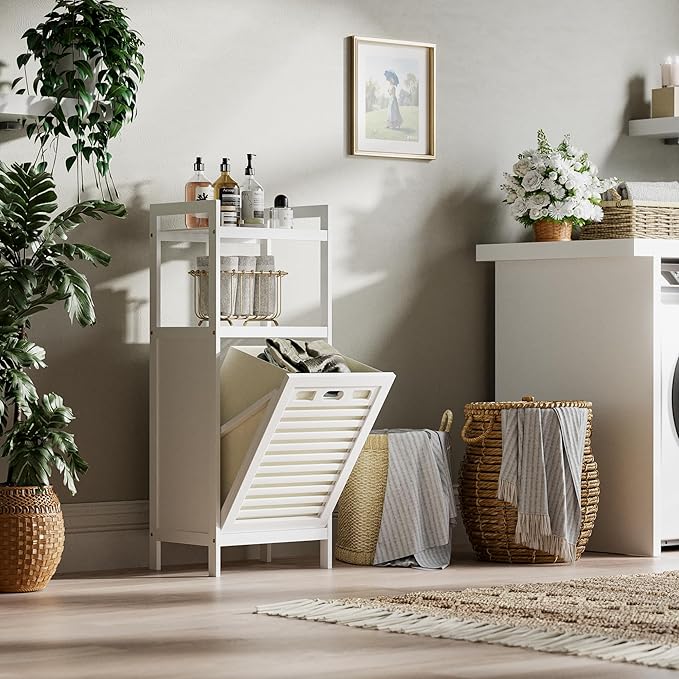 Bamboo hamper cabinet tilt-out design showing easy access to laundry
