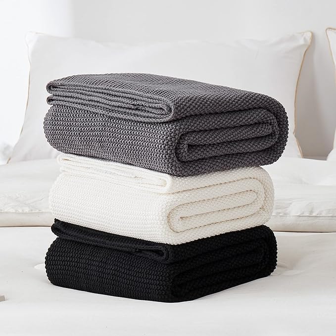 Longhui bedding Dark Grey 100% Cotton Lightweight Cable Knit Throw Blanket for Couch Sofa Bed Home Decorative, Bonus Laundering Bag, Dark Gray 50“ x 60”, Machine Washable