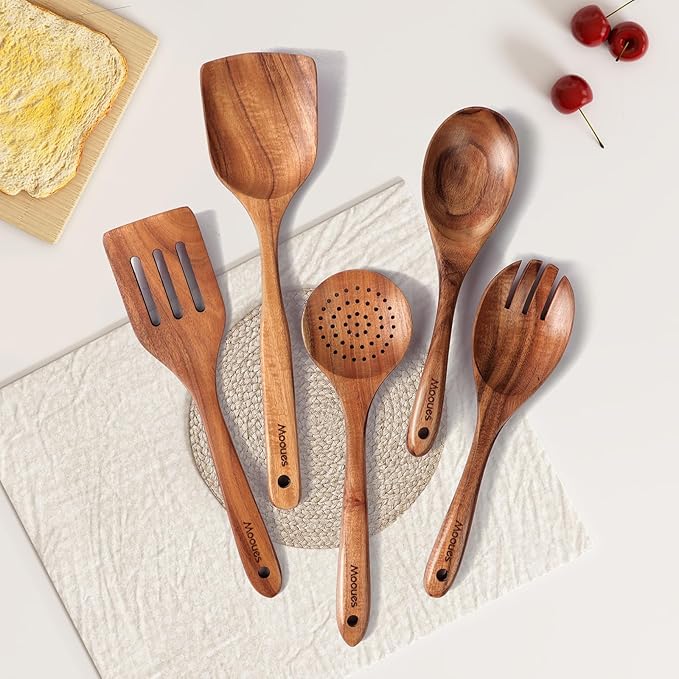 Wooden Spoons for Cooking 5 PCS - Natural Teak Kitchen Utensils Set
