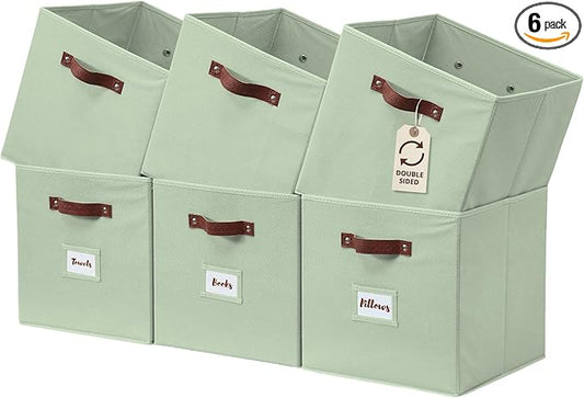 DECOMOMO Storage Bins, Cube Storage Bin with Labels, Fabric Storage Cubes for Shelves (10.5" x 11" / 6pcs, Sage Green)