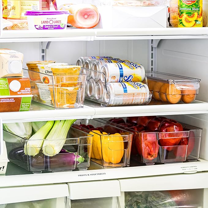 Sorbus Refrigerator Organizers and Storage Bins Set of 6 – Includes 2 Wide Bins, 2 Narrow Bins, Soda Can Organizer (12 Cans), and 14 Egg Holder – Clear Bins for Fridge Organization, Pantry, Freezer
