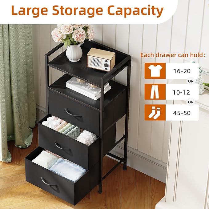 Somdot Nightstand with 3 Drawers, Dresser with Fabric Bins for Bedroom, Hallway, Entryway, Nightstand Bedside Table Furniture, Sturdy Steel Frame, Wooden Top, Easy Pull Fabric Bins, Black