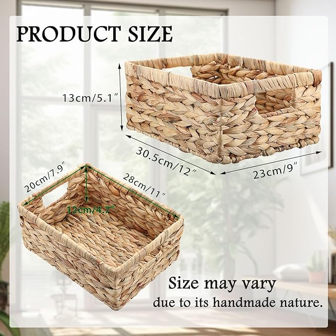 Wicker Basket for Shelf Water Hyacinth Storage Baskets with Built-in Handles Handwoven Natural Basket Bin for Bathroom Kitchen Home Decor,12 x 9 x 5 inches