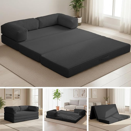 Convertible Sofa Bed King,5-in-1 Folding Boneless Couch Corduroy Futon Sofa Bed,Tri-Fold Mattress with Removable Armrests & Handle,Sleeper with Pull Out Bed for Small Space Living Room Bedroom