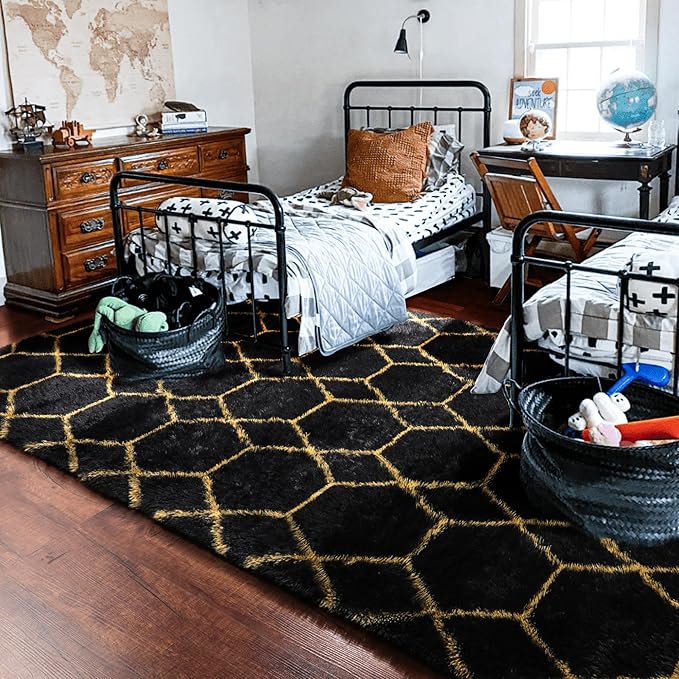 ONASAR 6x9 Area Rugs for Living Room Bedroom, Large Fluffy Black and Gold Throw Rug, Geometric Soft Plush Shaggy Fuzzy Floor Carpet for Nursery Kids Girls Boys Teen Dorm Home Office Decor