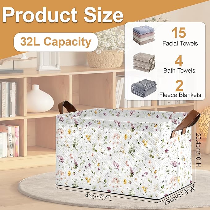 32L Large Storage Bins with Handles, Basket Organizer for Shelves, Closet, Books, Laundry & Home Decor (Meadow Flower)