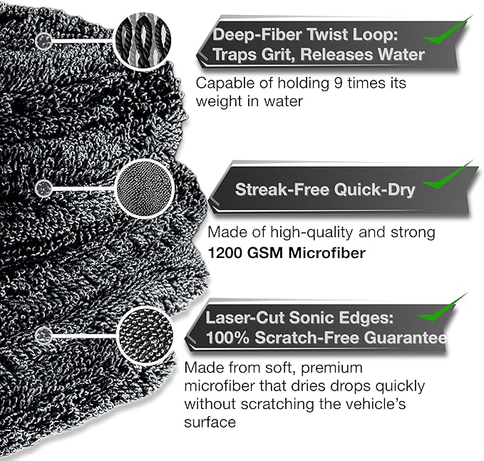 Car Drying Towel Microfiber - 24"x36" Jumbo Size, 1200 GSM Ultra-Thick, Scratch-Free & Super Absorbent, Zero-Lint Cloth for Car, Truck & SUV Pro Detailing - Dries Entire Vehicle in One Pass