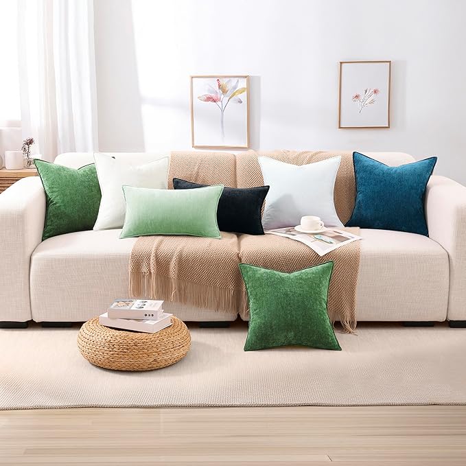 decorUhome Spring Couch Throw Pillow Covers 20x20 Set of 2, Decorative Soft Velvet Modern Cozy Chenille Pillow Cases with Elegant Design for Sofa Bed Living Room Home Decor, Sage Green