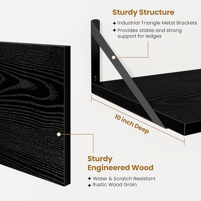 Floating Shelves for Wall,40" Wall Mounted Shelves Set of 2,Long Wood Floating Shelves,Hanging Wide Display & Storage Shelf with Metal Brackets for Bathroom,Bedroom,Kitchen,Living Room,Black