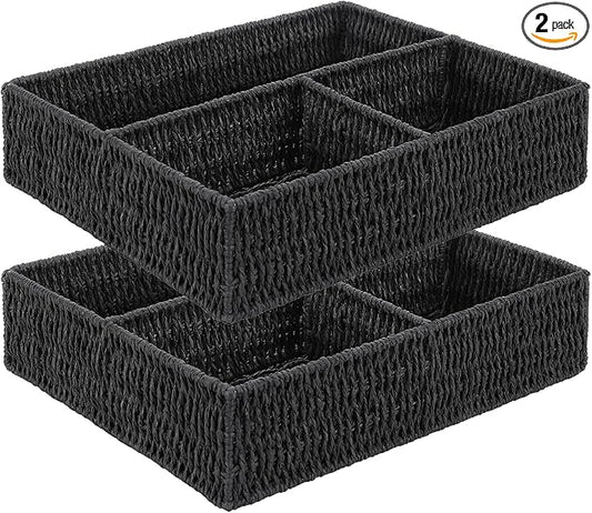 Vagusicc Wicker Divided Storage Basket, Black Wicker Baskets, Basket for Shelves Drawer Organizing, 3 Section Rectangular Woven Storage Baskets, 2-Pack