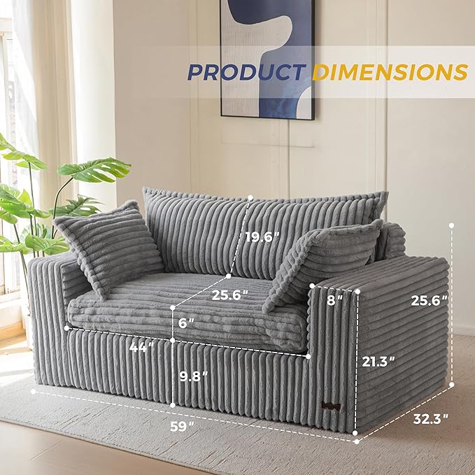 MAXYOYO 59" Bean Bag Sofa Couch, Loveseat Boneless Couch in a Box, Upholstered Small Mini Sofa with Deep Seating for Living Room Bedroom Office Apartment, No Assembly, Dark Grey