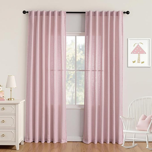 MYSKY HOME Pink Curtains for Girls Bedroom Living Room Semi Sheer Light Filtering Nursery Window Drapes, 90 Inches Length Soft Modern Decor Country Style Back Tab, 50" x 90", Light Pink, 2 Panels