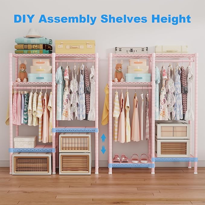 Ulif F1 Clothes Rack for Kids, Baby, Students, and Children's Room, 4 Tiers Portable Metal Closet Clothing Rack, Small Garment Rack with 2 Hanging Rod, 31.2" W x 11.8" D x 48" H, Pink