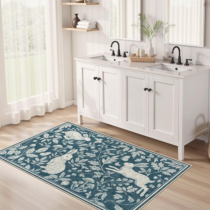 Vintage Living Room Area Rug 3x5 - Large Soft Washable Oriental Traditional Distressed Farmhouse Rugs for Bedroom - Indoor Floor Accent Carpet for Home Office House Decor -Easter Blue