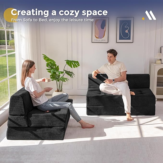 MAXYOYO 8" Folding Sofa Bed, Convertible Sleeper Sofa Lounger Foldable Mattress, Wedge Shape Floor Couch Tufted Fold Out Chair Bed Comfy Floor Couch Lounge for Living Room Bedroom, Loveseat, Black