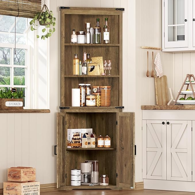TEENFON Farmhouse Corner Cabinet, 70" H Tall Corner Hutch with 5 Shelves & 2 Barn Doors, Storage Cabinet with Adjustable Shelf, for Living Room, Kitchen, Bathroom, Honey Brown