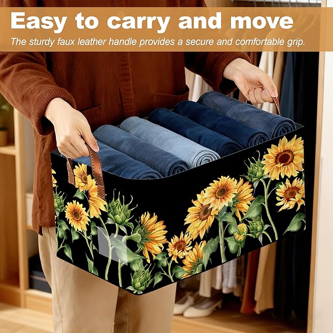 Storage Bin with Handles, Sunflowers Collapsible Laundry Baskets for Books, Laundry - Use in Nursery, Closet Organizers and Storage, Blanket Basket