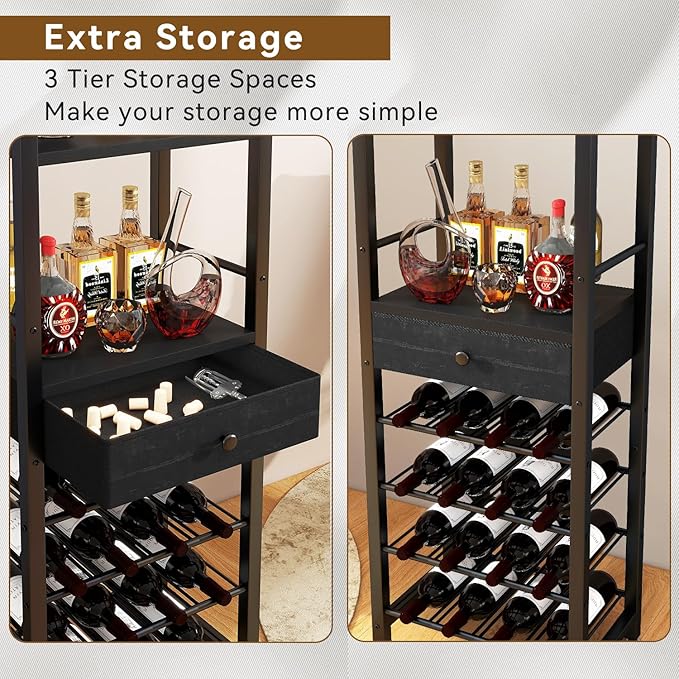 IBUYKE Wine Rack Freestanding Floor, Bar Cabinet for Liquor and Glasses,Coffee Bar Cabinet 4-Tier Wood bar Cabinet,Glass Holder and Storage Drawer for Home Bar Kitchen Living Room,Black UTMJ905B