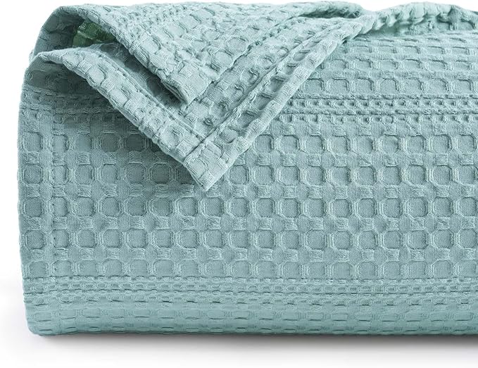 PHF Lightweight Waffle Weave Blanket Queen Size 90"x 90", Soft Woven Summer Blanket for Hot Sleepers - Aesthetic Home Decor for Couch Bed Sofa, Pet Friendly, Dusty Blue