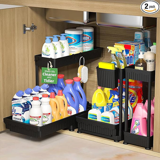 3 Pack Multi-Purpose Pull-Out Storage Organizers, 2-Tier L-Shaped Under Sink/Cabinet Organizers and Storage for Bathroom & Kitchen, Black, 12.8 Inches