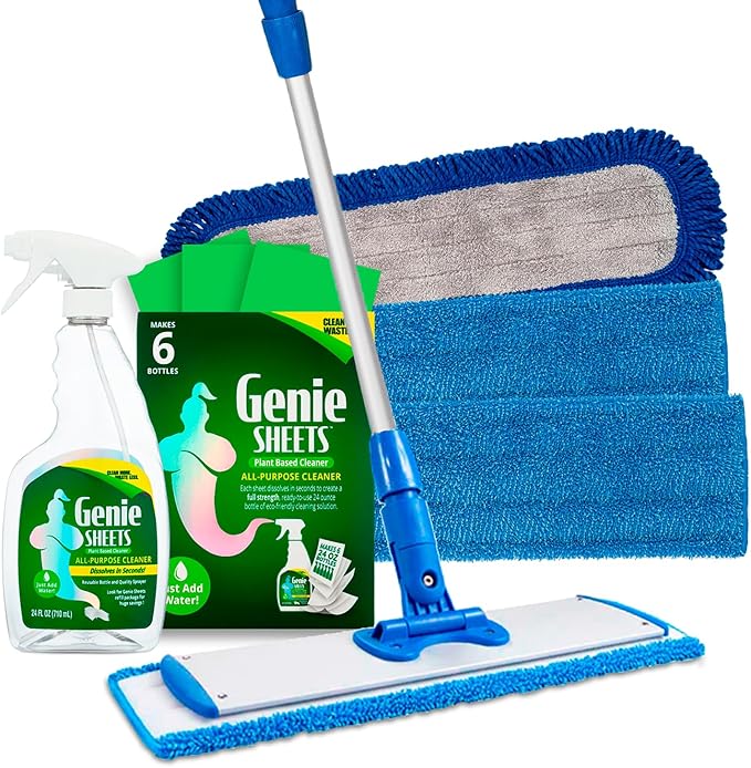 Professional Microfiber Mop System and Genie Sheets Concentrate All-Purpose Cleaner & Spray Bottle — Wet & Dry Mop Hardwood, Tile, Vinyl Plank, Concrete — Reusable Washable Pads — Telescoping Handle