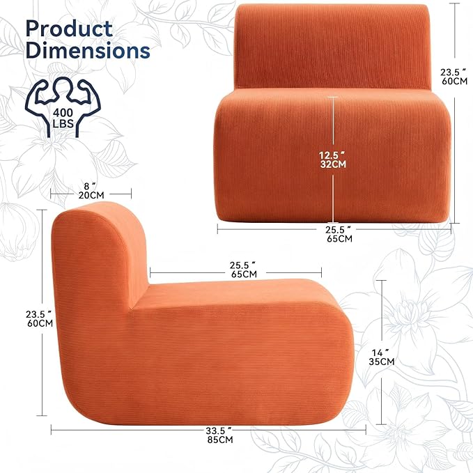 Boneless Sofa 26'' Single Sofa 1 Seater Cloud Floor Couch Corduroy, No Assembly Needed Modern Compression Armless Couch in A Box Erogonomic for Living Room,Bedroom,Office, Orange
