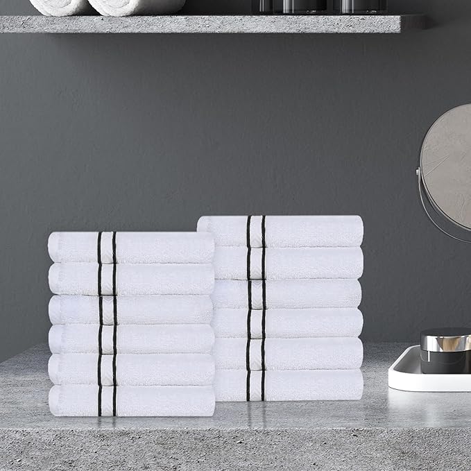 Superior Hotel Turkish Cotton 12 Piece Face Towel Set, Ultra Plush Spa Quality Heavyweight Essentials for Skincare, Thick Absorbent and Soft, Dobby Border, Includes 12 Washcloths, Black