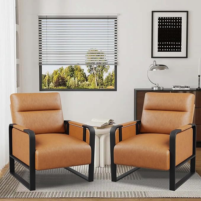 Modern Brown Accent Chair PU Leather Upholstered Armchair with Tray Table for Bedroom Living Room Chairs Office Chair