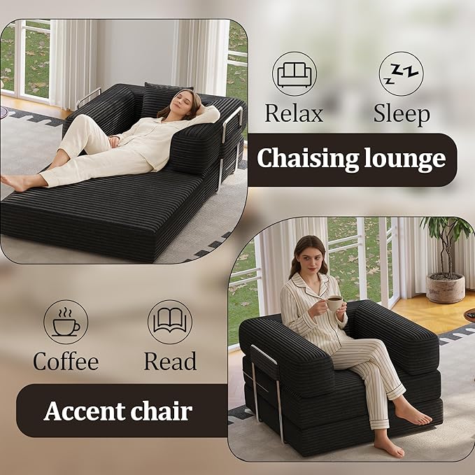 Folding Sofa Bed, 2 in 1 Convertible Sofas Lounger Comfy Single Chair Teddy Fabric Compressed Couch,Boneless FoldingSleeper for Living Room, Guest Bed, Playroom (Black, 35.43" Single Sofa)