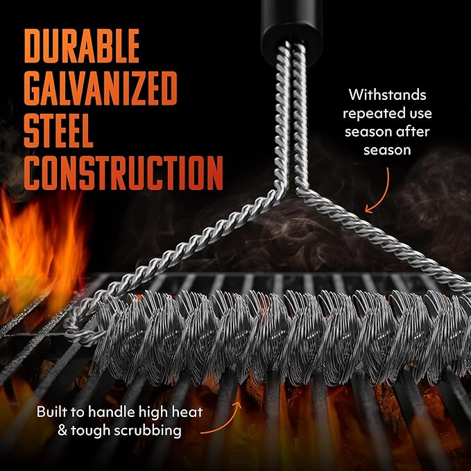 Double Helix Grill Brush, 16″ Flat BBQ Grill Cleaner - Bristle‑Free Coil Springs Clean Tops & Sides - Stainless Steel, Long Reach Handle, Heavy‑Duty BBQ Tool for Gas & Charcoal Grates