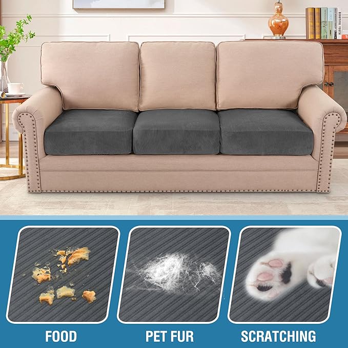 H.VERSAILTEX Velvet Stretch Couch Cushion Cover Plush Cushion Slipcover for Chair Loveseat Sofa Cushion Furniture Protector Seat Cushion Sofa Cover (3 Piece Sofa Cushion Covers, Grey Striped)