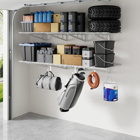 FLEXIMOUNTS 2-Pack 2x6ft Garage Shelving with Hooks, 24-inch-by-72-inch Wall Shelf Garage Storage Racks Floating Shelves, White, Classic Series