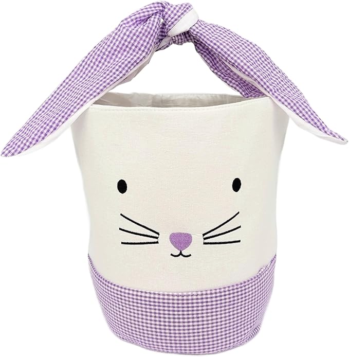 Easter Bunny Canvas Basket, Easter Egg Basket, Bunny Face, White with Gingham Pattern, 8x10 Inches, Foldable Tie Handle (Purple)