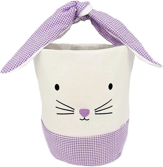 Easter Bunny Canvas Basket, Easter Egg Basket, Bunny Face, White with Gingham Pattern, 8x10 Inches, Foldable Tie Handle (Purple)