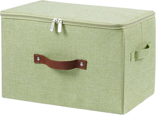 Storage Bins with Zipper Lid Cotton Linen Fabric Lidded Storage Baskets Boxes Foldable Washable Closet Shelf Clothes Organizer Container with PU Leather Handles (Green, Large Size)