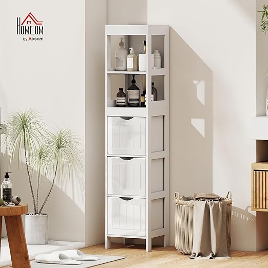 HOMCOM Narrow Bathroom Storage Cabinet, Bathroom Floor Cabinet with 3 Drawers & 2 Open Shelves, Freestanding Slim Storage Organizer for Small Spaces, White