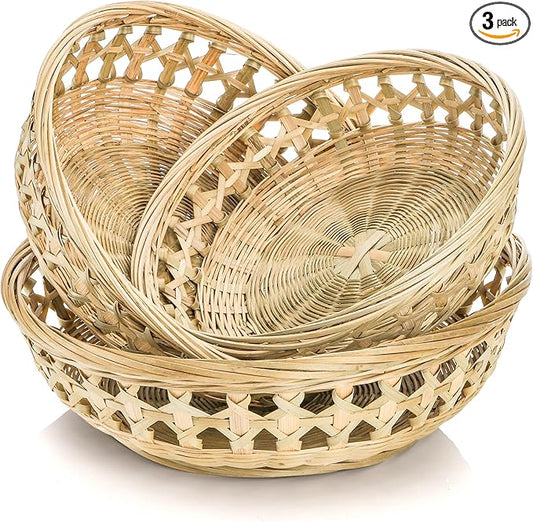 ZENFUN 3 Packs Round Woven Bread Basket, Bamboo Serving Trays, Handwoven Baskets Fruit Basket, Rattan Serving Baskets for Daily Dinning, Kitchen Organization, Stackable