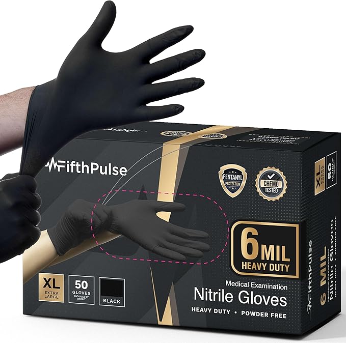 6 Mil Black Nitrile Gloves, Heavy Duty Mechanic and Food Grade Glove - Powder-Free, Latex-Free Medical Exam Gloves