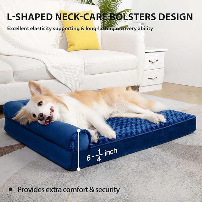 MIHIKK Orthopedic Dog Couch Bed Deluxe Plush L-Shaped with Waterproof Lining Bolster Dog Sleeping Sofa with Removable Washable Cover & Nonskid Bottom Pet Bed for Small Medium Large Jumbo Dogs, Blue
