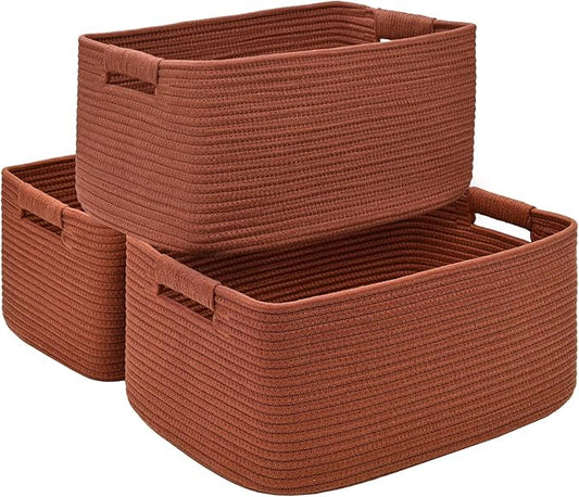 3 Pack Large Storage Basket for Organizing, 17.5"x13"x7" Woven Basket for Shelves, Closet Cube Storage Bins with Wrapped Handle, Cotton Rope Baskets for Kitchen, Clothes, Toys(Oxide Red)