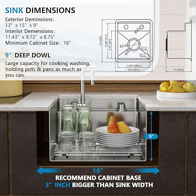Small RV Kitchen Sink - Fulorni 13"x15" Outdoor RV Camper Mobile Bar Prep Sink Undermount 16 Gauge Stainless Steel Hidden Single Bowl Basin with Foldable Faucet