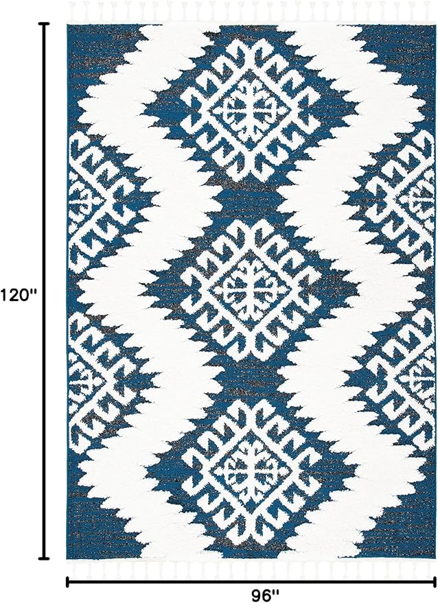 SAFAVIEH Area Rug 8x10 - Moroccan Tassel Shag Collection - Large - Navy & Ivory, Boho Design, Non-Shedding & Easy Cleaning, Plush Pile, Ideal for Living Room, Bedroom, Dining Space (MTS652N)